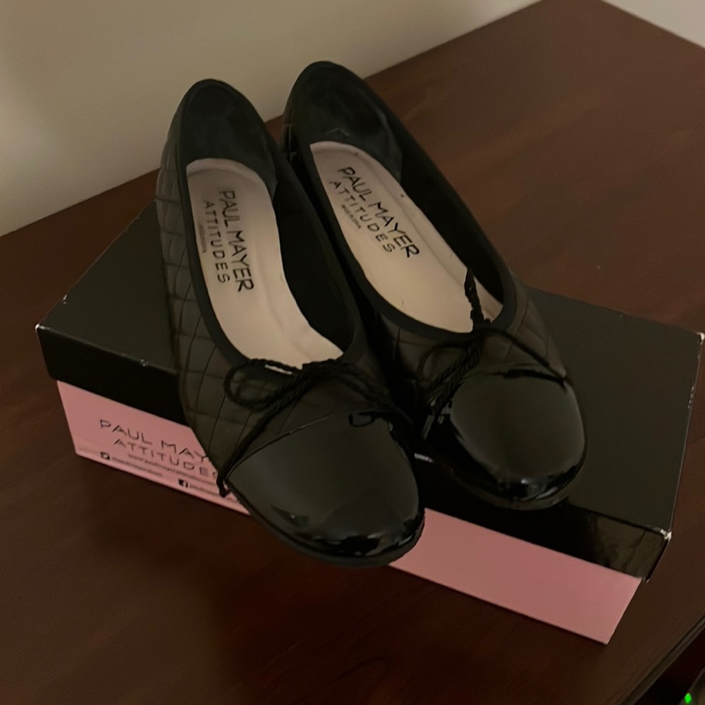 Paul Mayer Attitudes quilted black leather ballet flats with black patent toe 9